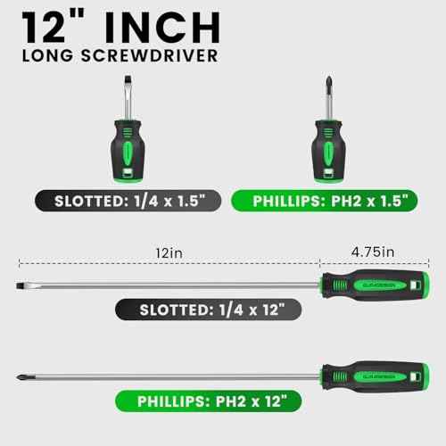 4-Piece 12" Long Screwdriver Set Slotted and Phillips, Long & Short Magnetic Screwdriver Set