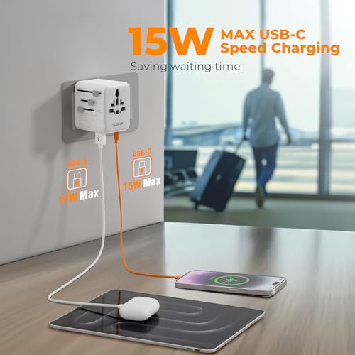 TESSAN Grey White Universal Travel Adapter 28W with USB-C & USB Ports