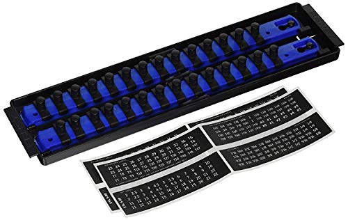 Ernst 8496 Socket Boss 2-Rail 3/8-Inch Drive Socket Organizer, 13-Inch, Blue (Made in USA) – Includes 28 Clips