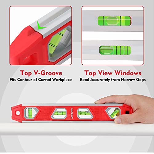 WORKPRO 12-Inch Magnetic Torpedo Level - Red, Durable Aluminum, Accurate Bubble Vials