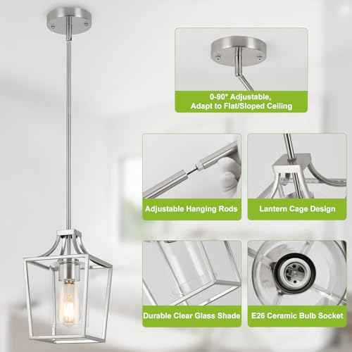 Brushed Nickel Lantern Pendant Light Fixture Pendant Lights for Kitchen Island with Clear Glass Shade, Adjustable Height Rods Pendant Lighting for Dining Room Kitchen Foyer Hallway
