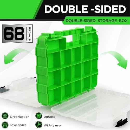 Small Parts Tool Box Organizer, 2-Packs Double-sided 34-Compartment Storage Tool with Removable Dividers, Plastic Storage for Hardware, Screws, Bolts, Nails, Nuts, Jewelry and Fishing Accessories