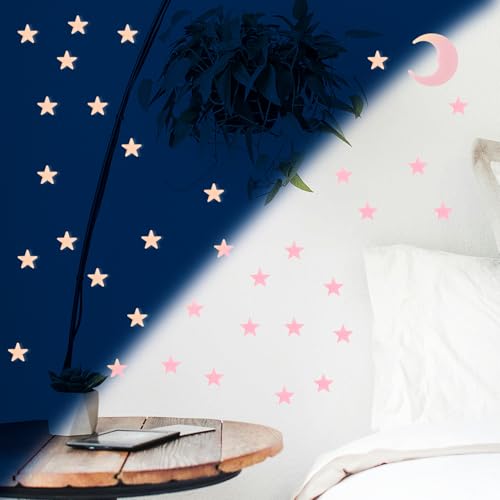 Pink Glow in The Dark Star and Moon Wall Stickers - 100 Luminous Plastic Ceiling Decor