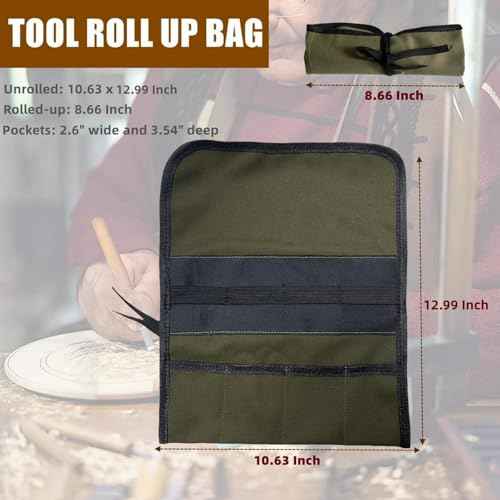 BLIRITEL Small Canvas Chisel Roll, Chisels Bag Tool Organizer with 4 Pockets, Metal Pry Bar Plier Wrench Roll Tool Pouch for Mechanic Carpenter Craftsman (Army Green)