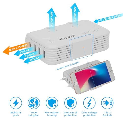 ALLWEI White Travel Voltage Converter 220V to 110V for Worldwide Use