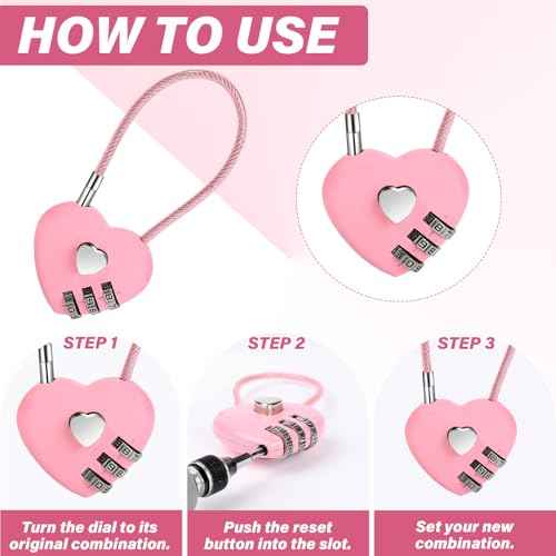 3 PCS 3 Digit Combination Padlock Heart Combination Locks Pink Code Lock with Steel Wire Rope Mini Luggage Locks Love Locker Lock Cute Combo Lock for Backpack Luggage Lockers Jewelry Boxes
