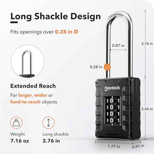 2.76 in Long Shackle Combination Lock | 4-Digit Padlock for Gym Locker, Cabinets, Toolboxes, Gates, Fences, Sheds | 1-Pack, Black