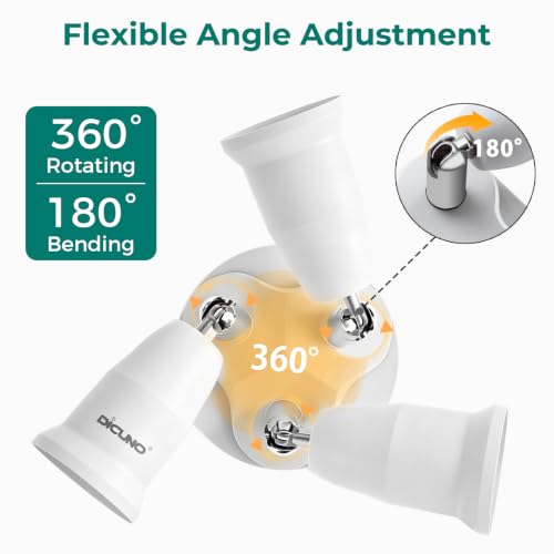DiCUNO 3 in 1 E26 Light Socket Splitter, 360° Adjustable & 180° Bendable