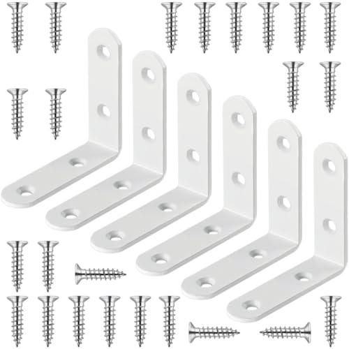 HANFUGA White Stainless Steel Corner Brackets 2.5 Inch, 6 Pack - Heavy Duty Right Angle Supports for Wood Shelves & Cabinets