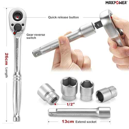 MAXPOWER 1/2" Drive Socket Wrench Set, 16-Piece, Including 13-Piece SAE Sockets, 1/2" Drive Breaker Bar, 1/2" Ratchet Wrench and Extension Bar