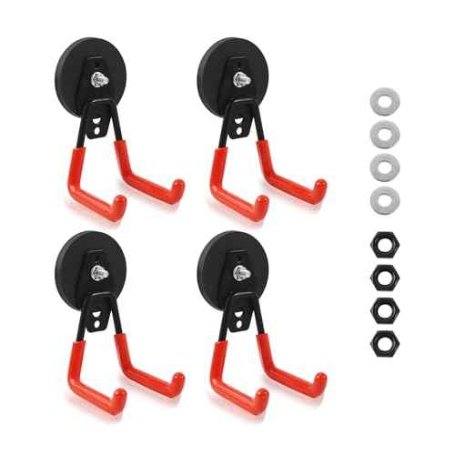 Magnets Garage Storage Hooks 4 Pack - Orange Magnet Hooks for Hanging Tools, Garage Organization, Secure Metal Cabinet & Steel Surfaces