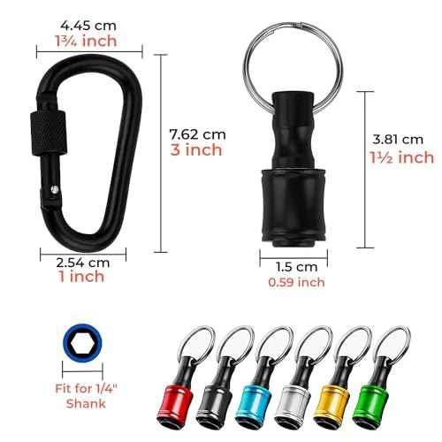 Bit Holder Key Chain 6pcs - 1/4 inch Hex Shank Bit Holders - Quick Release Design with Keychain Carabiner for Nut Driver, Screwdriver & Drill Bits, Aluminum Alloy, Color Coded - Gift for Men