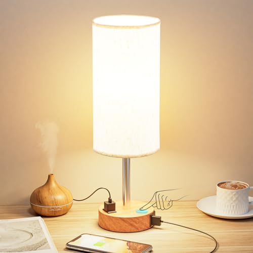 Fenmzee Cream Shade Wood Base Dimmable Touch Bedside Table Lamp with USB-C, USB-A & Outlet