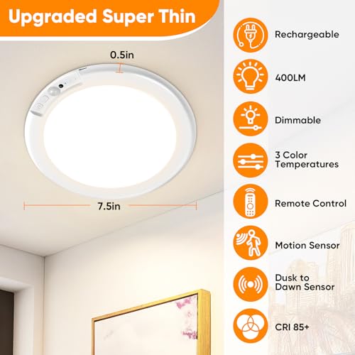 Bairth 7-Inch Rechargeable Motion Sensor Ceiling Light 8000mAh, 3 CCT Modes