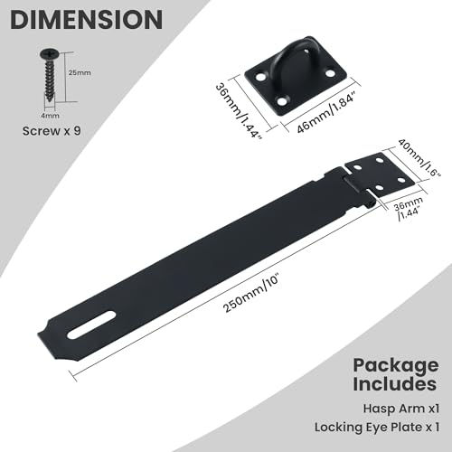 Alise 10 Inch Black Stainless Steel Hasp Latch for Doors - Heavy Duty Security