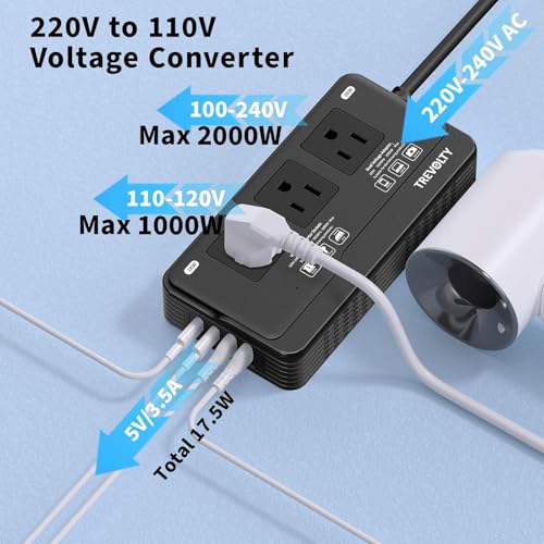 TREVOLTY Black 2000W Travel Voltage Converter for Hair Dryers, European Plug