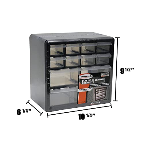 Homak 12-Drawer Parts Organizer, Black – Wall-Mountable Plastic Storage