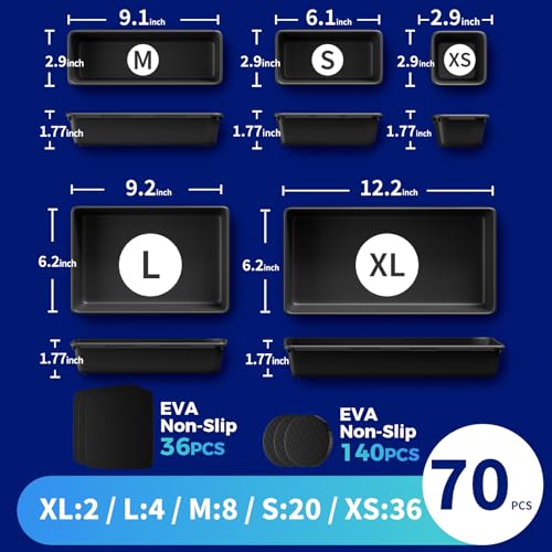 ALIKZO 70PCS Tool Box Organizer Tray Set 5 Sizes with EVA Non Slip Pads (Black) – Interlocking Drawer Bins