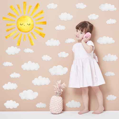 Sun and Clouds Wall Decals Watercolor Boho Sun Decals Peel and Stick, PVC Sunshine Wall Stickers Decor for Kids Room Playroom Nursery Bedroom