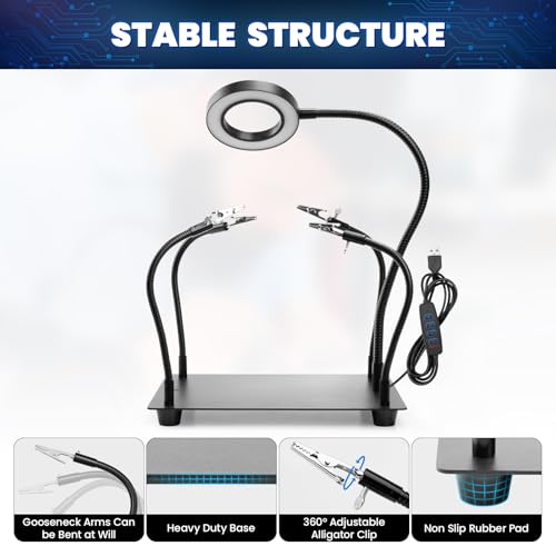 Helping Hands Soldering Station with 5X Magnifying Glass and Light, ELMCONFIG PCB Soldering Holder Metal Circuit Board Holder with 4 Flexible Metal Arms for Soldering, Assembly, Repair