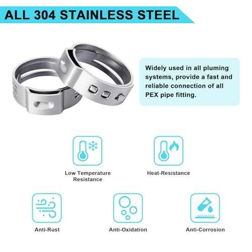 50 Pack 1/2 Inch PEX Cinch Clamps Rings, 304 Stainless Steel PEX Crimp Rings, Pinch Clamps for PEX Tubing Pipe Fittings Connection