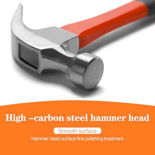 16oz Claw Hammer, Straight Rip Hammer, Fiberglass General Purpose Claw Hammer with Smooth Face & Non-slip Grip