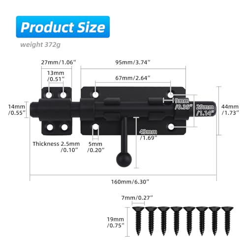 Black 6.3-Inch Heavy Duty Stainless Steel Barrel Bolt Latch for Doors & Gates