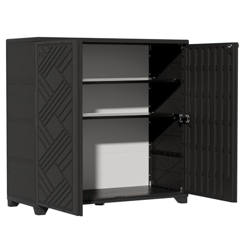 ZZM 34W x 15D x 34H Outdoor Storage Cabinet with 2 Shelves, Black - Waterproof HDPE