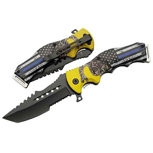 SZCO Supplies 8.5" Assisted Opening Folding Knife - Thin Blue Line EDC Utility Knife with Pocket Clip, Tactical Tanto Blade, Serrated Edge, Law Enforcement Tribute