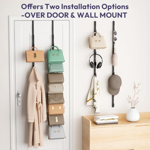 Black Over the Door Purse Organizer with 8 Hooks - 2 Pack Wall Mount Handbag Storage
