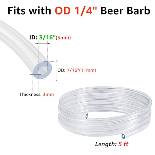 WELLBOM 5FT Kegerator Beer Line 3/16" ID with 1/4" Barb Fitting (ID 3/16")