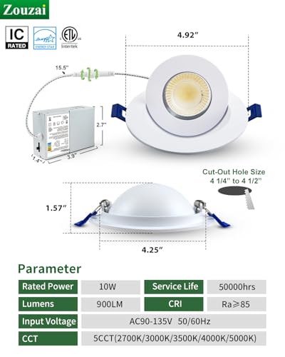 Zouzai 4 Inch Gimbal LED Recessed Lights - 5 CCT, 10W, 980LM, White, 6 Pack