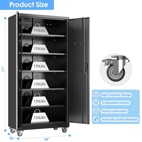 Reemoon 71 in Metal Storage Cabinet with Wheels & Pegboard, 5-Shelf, 3-Point Lock, Black