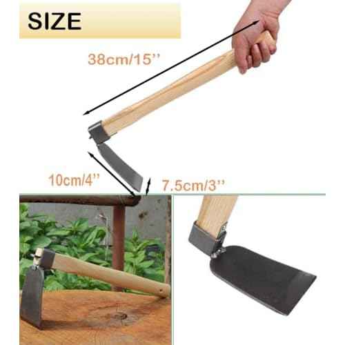 Garden Hoe,15" Garden Tools Digging Hoe and Rake, Hand Hoe with Wooden Handle for Loosening Soil and Weeding