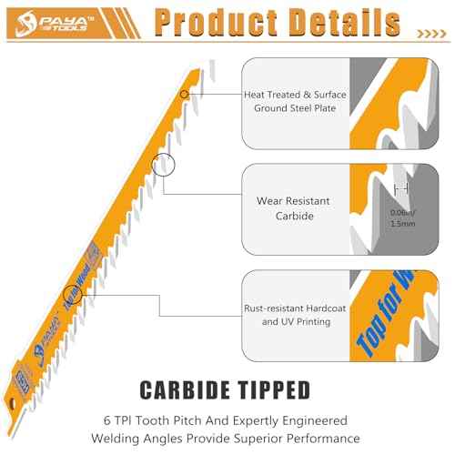 Wood Pruning Reciprocating Saw Blade,6-Inch 6TPI Reciprocating Saw for Tree Trimming, Wood Cutting (Yellow-5 Pack)