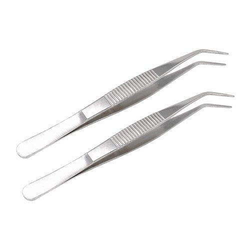 MMOBIEL 2 Pcs Stainless Steel Tweezers 12cm / 5inch with curved Serrated Tip Professional Multi Purpose Tongs Tool for Industrial work, Laboratory Use, Gardening, Cooking