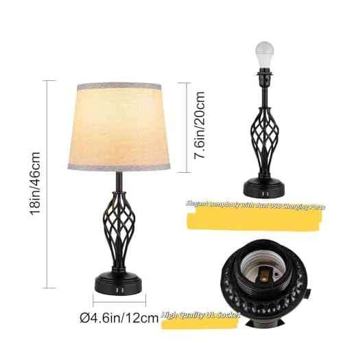 Charging Table Lamps Set of 2, nightstand lamp with USB Ports Bedside Desk lamp for Living Room Bedroom,Black Spiral cage Base Design 3 Color Temperature LED Bulbs Included.
