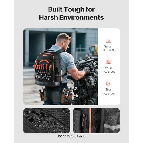 VEVOR Tool Backpack, 64 Pockets, Heavy-duty Tools Storage Organizer Work Bags Backpack with Laptop Compartment & Molded Base, Electrician Jobsite Backpack for Electrician, Repairman, and HVAC Techs