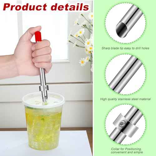Lasnten 2 Pack Straw Puncher for Plastic Lids Lemonade Cups, Stainless Steel Straw Hole Puncher Punching Tools for Cafe Drinks Fresh Squeezed Lemonade Stand Supplies (6.3 Inch,Red)
