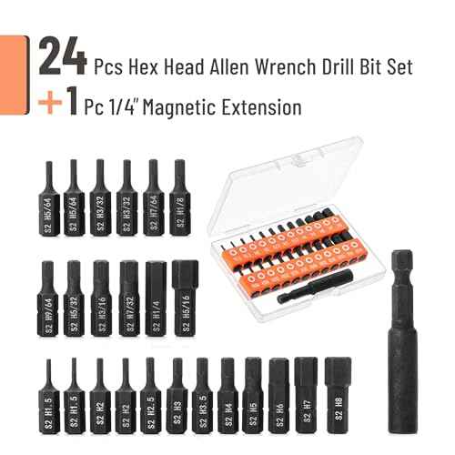 Bates Hex Head Allen Wrench Drill Bit Set, 25 Pcs, S2 Steel, Magnetic, 1/4 Hex Shank, Key Set