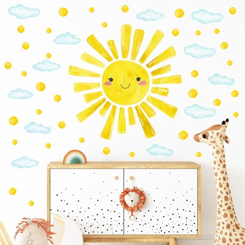 Eutecado Smile Sun Watercolor Wall Decals for Kids Room - 12 Sheets Wall Stickers for Nursery & Bedroom