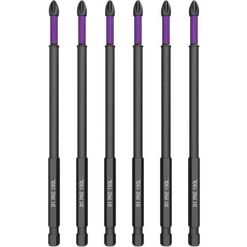 Magnetic Screwdriver Bits - #2 Impact Phillips Bits (6" Long), S2 Steel Magnetic Drill Bits, Anti-Slip Hex Shank for Drills, Screwdrivers & DIY/Professional Use (6 inches - 6 Pcs)