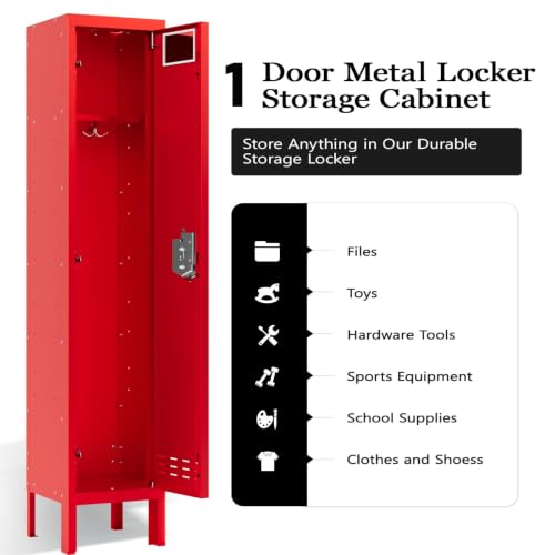 Red Metal Locker Cabinet 66-Inch One-Door Storage for Office, School, Gym