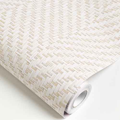 Rugreat Striped Grasscloth Wallpaper Peel and Stick Textured Grass Cloth Contact Paper for Cabinets Herringbone Fabric Wallpaper for Bedroom Beige Faux Linen Contact Paper Removable 78.8inL 17.3inW