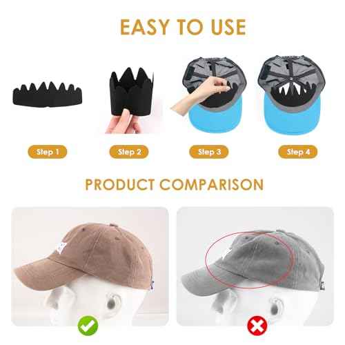 10-Pack Black Baseball Cap Inserts, Flexible Washable Hat Shaper Liner for Snapback, Fitted, Trucker Caps, Reusable Hat Felt Shapers, Crown Support (Black)