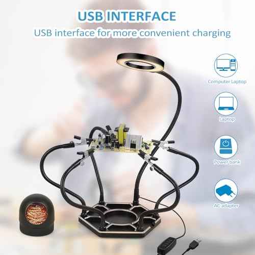 Magnetic Helping Hands Soldering Station with Light,Third Hand Soldering Tool,with Five-Claw Flexible Arms,3X LED light Magnifying Glass,for Soldering Repairing Jewelry Crafts