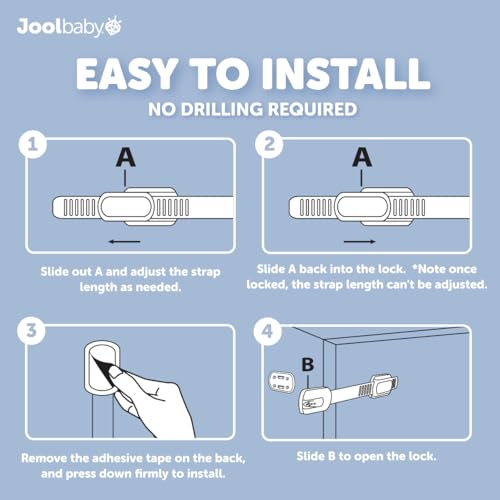 Jool Baby Child Safety Strap Locks 4 Pack - Babyproof Cabinets Drawers Fridge Toilet & Trash Cans, No Tools Needed