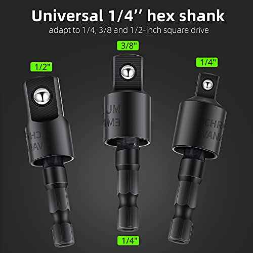 Honoson 6 Pieces Power Drill Sockets Adapter Set Impact Driver Wobble Socket Adapter 360 Degree Rotatable Hex Shank Impact Driver Socket Drill Bits 1/4, 3/8, 1/2 Inch, Black