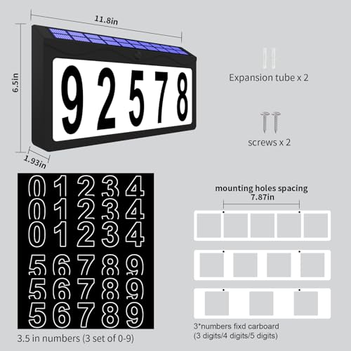 11.8 Inch Solar Powered Address Sign with 3.5 Inch Numbers, Black RGBW Wall Mount