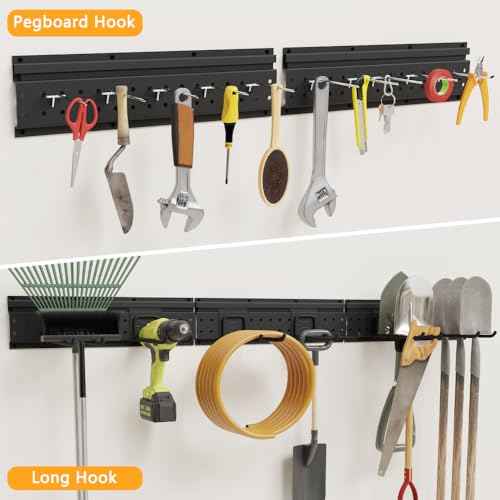 Garage Tool Storage Organizer Wall Mount, Heavy Duty Metal Garden Tool Rack Kit, 48inch Tracks with 16 Hooks for Shovel, Broom, Rake, Home, Max Load 600lb